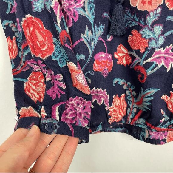 Lucky Brand | Navy Colorful Floral Print Boho Popover Tassels Long Sleeve Top - Picture 8 of 12